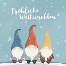 Weihnachtskarte drei lustige Wichtel im Schnee