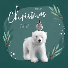 Weihnachtskarte Eisbär mit Pinguin auf dem Kopf