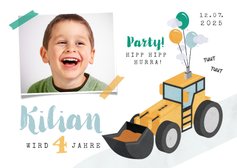 Einladung Kindergeburtstag mit Bagger, Foto und Luftballons