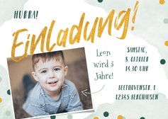 Kindergeburtstag Einladung Foto & Konfetti grün