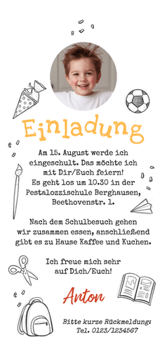 Einladung 1. Schultag lustiger gelber Bleistift Rückseite