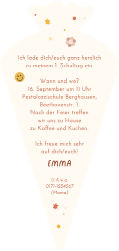 Einladungskarte 1. Schultag Schultüte Blumenfoto Rückseite