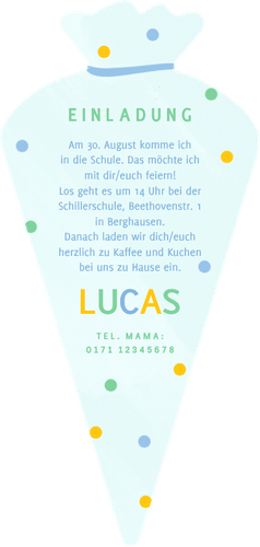 Einschulungskarte blau Schultüte Foto & Konfetti Rückseite