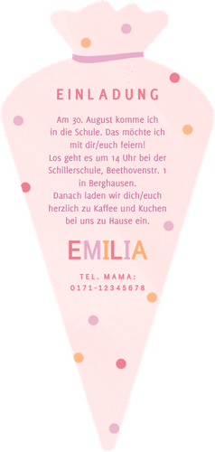 Einschulungskarte rosa Schultüte Foto & Konfetti Rückseite