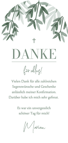 Foto-Dankeskarte Konfirmation stilisierte dunkelgrüne Zweige Rückseite