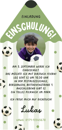 Foto-Einladung Einschulungstag Bleistift Fußball Rückseite