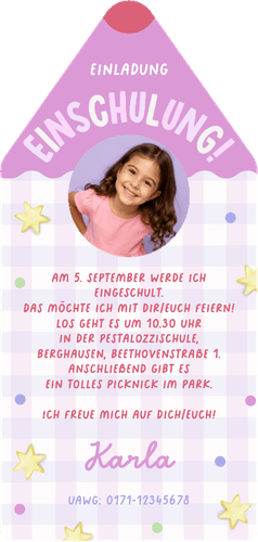 Foto-Einladung Einschulungstag Bleistift lila Karos  Rückseite
