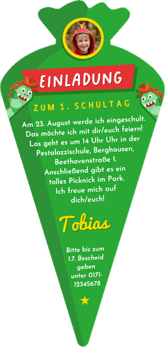 Foto-Einschulungskarte Dino als Schultüte Rückseite