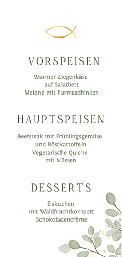 Menü Bogenkarte Kommunion Eukalyptuszweige Ichtyus Rückseite