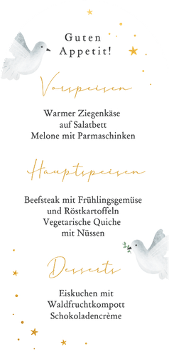 Menü Bogenkarte Kommunion weiße Taube Sternchen Rückseite