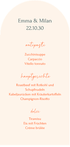 Menükarte Bogen Sommerhochzeit Früchte Linienzeichnung Rückseite