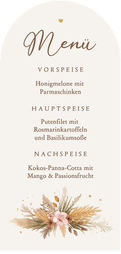 Menükarte Boho-Hochzeit Blumenstrauß Trockenblumen Bogen Rückseite