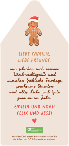 Weihnachtskarte SOS Kinderdörfer rotes Lebkuchenhaus Rückseite