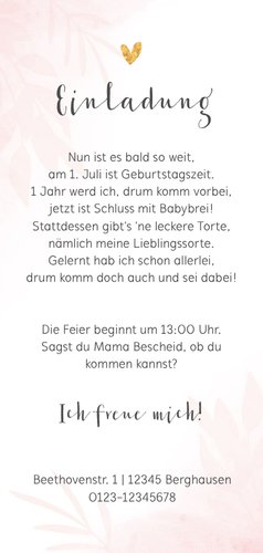 1. Kindergeburtstag Einladung rosa mit 2 Fotos Rückseite