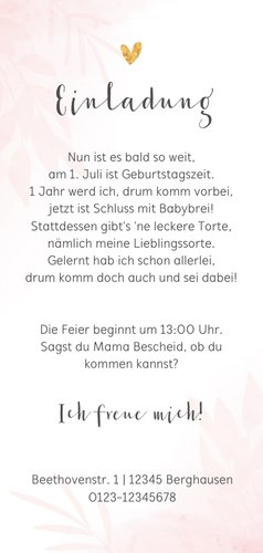 1. Kindergeburtstag Einladung rosa mit 2 Fotos Rückseite