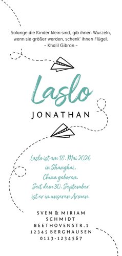 Adoptionskarte Papierflugzeug blau Rückseite