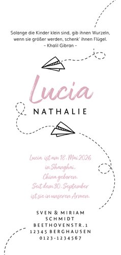 Adoptionskarte Papierflugzeug rosa Rückseite