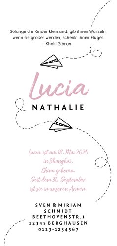Adoptionskarte Papierflugzeug rosa Rückseite