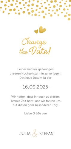 Change-the-Date-Karte mit Kalender und goldenen Herzen Rückseite