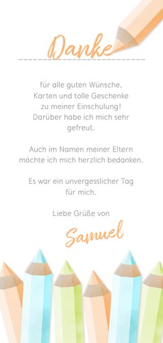 Dankeskarte Einschulung orange Buntstifte und eigenes Foto Rückseite