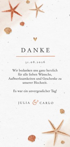 Dankeskarte Hochzeit mit eigenen Fotos, Seestern & Muscheln Rückseite