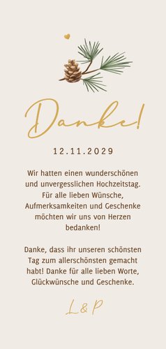 Dankeskarte Winterhochzeit Fotocollage Herzen Tannenzweige Rückseite