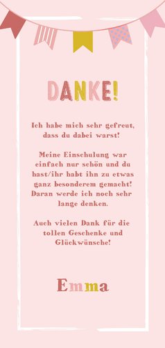 Dankeskarte zur Einschulung mit rosa Wimpelkette Rückseite