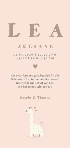 Dankeskarte zur Geburt Giraffe rosé Foto innen 3