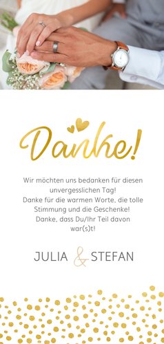 Dankeskarte zur Hochzeit in gold mit Fotocollage Rückseite