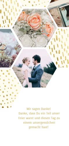 Dankeskarte zur Hochzeit mit Fotocollage im Goldlook Rückseite