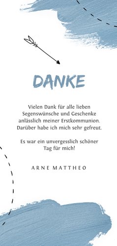 Dankeskarte zur Kommunion blaue Farbkleckse Rückseite