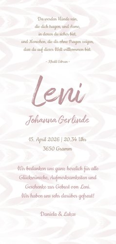 Danksagung Geburt rosé Foto Anhänger mit Schnur Rückseite