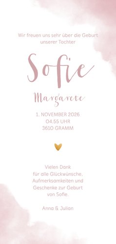 Danksagung zur Geburt Foto Aquarelloptik rosa Rückseite