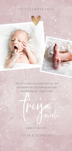 Danksagung zur Geburt rosa mit 4 Fotos Winterlook Rückseite