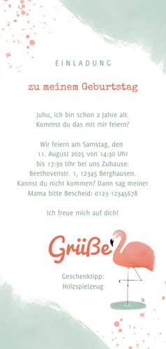 Einladung 2. Kindergeburtstag Flamingo mit Herzen Rückseite