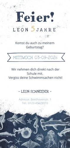 Einladung 5. Kindergeburtstag mit Meerestieren Rückseite