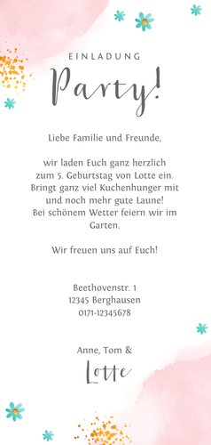 Einladung 5. Kindergeburtstag Torte und Blumen Rückseite