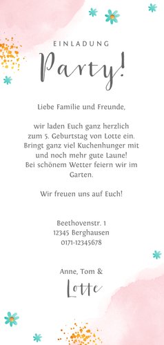 Einladung 5. Kindergeburtstag Torte und Blumen Rückseite