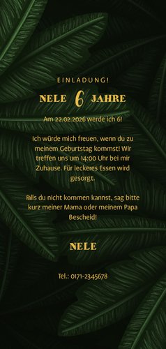 Einladung 6. Kindergeburtstag Dschungel Blätter und Foto Rückseite