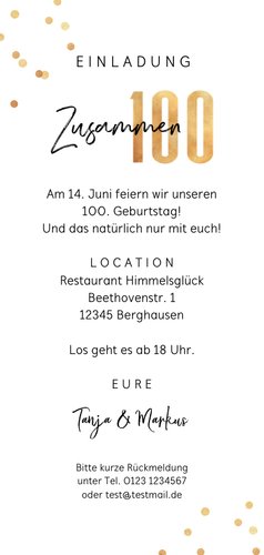 Einladung Doppelparty 'Zusammen 100' Rückseite