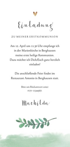 Einladung Kommunion Foto, Wasserfarbe, Herz & Palmwedel Rückseite