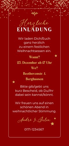 Einladung Weihnachtsessen Goldschrift auf Rot Rückseite