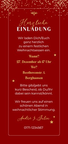 Einladung Weihnachtsessen Goldschrift auf Rot Rückseite