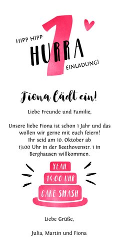 Einladung zum 1. Geburtstag mit pinker Torte und Herzen Rückseite