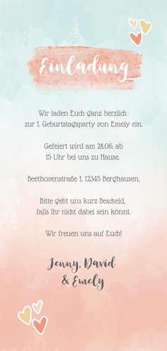 Einladung zum 1. Kindergeburtstag Aquarell bunt und Foto Rückseite