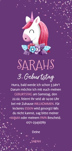Einladung zum 3. Kindergeburtstag lila Einhorn und Konfetti Rückseite