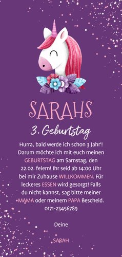 Einladung zum 3. Kindergeburtstag lila Einhorn und Konfetti Rückseite