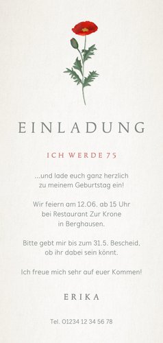 Einladung zum Geburtstag klassische Mohnblume Rückseite