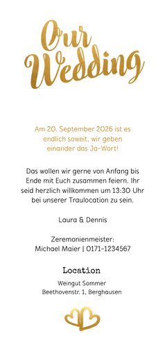 Einladung zur Hochzeit Timeline & Buchstaben in Goldlook Rückseite