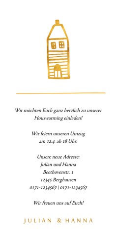 Einladung zur Housewarming mit goldenem Haus Rückseite